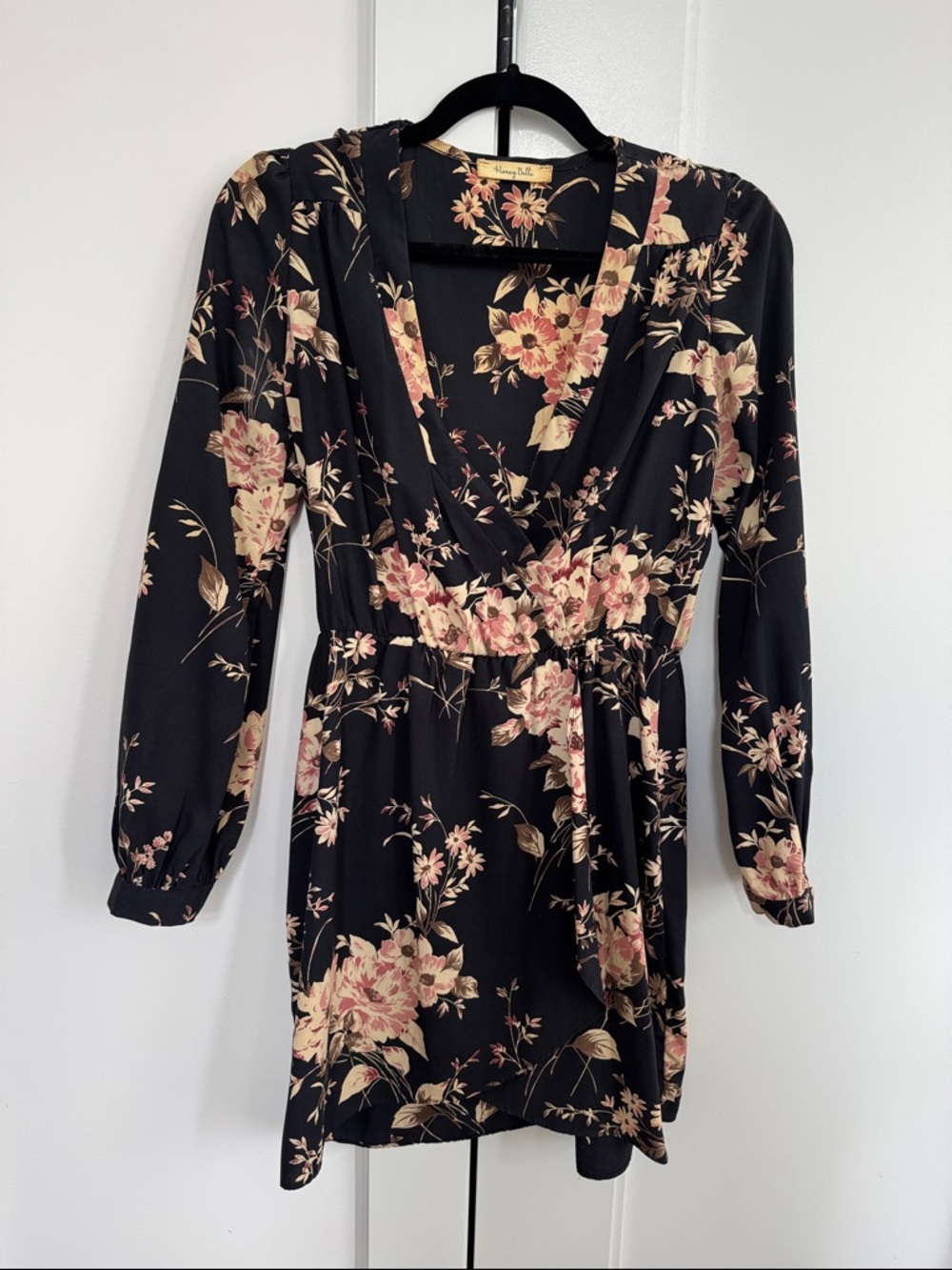 Honey Belle Black Floral Wrap Long-Sleeve Minidress with Pink Blossoms